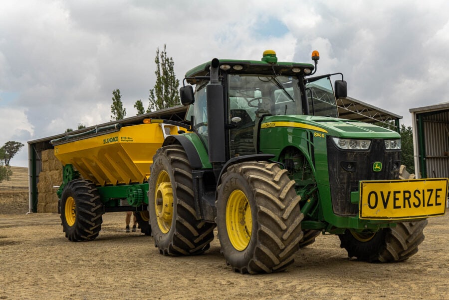 Landaco Maxispread T110 Trailing Spreader Behind John Deere 8245R Tractor