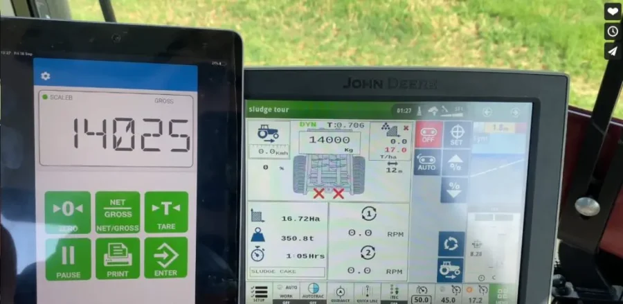 Topcon Cab Control app displaying weight reading of 14025kg on tablet with John Deere tractor terminal in background
